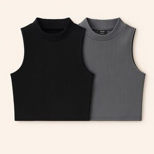 NWOT Black and Gray Ribbed Sleeveless Mock Neck Crop Top Bundle XS